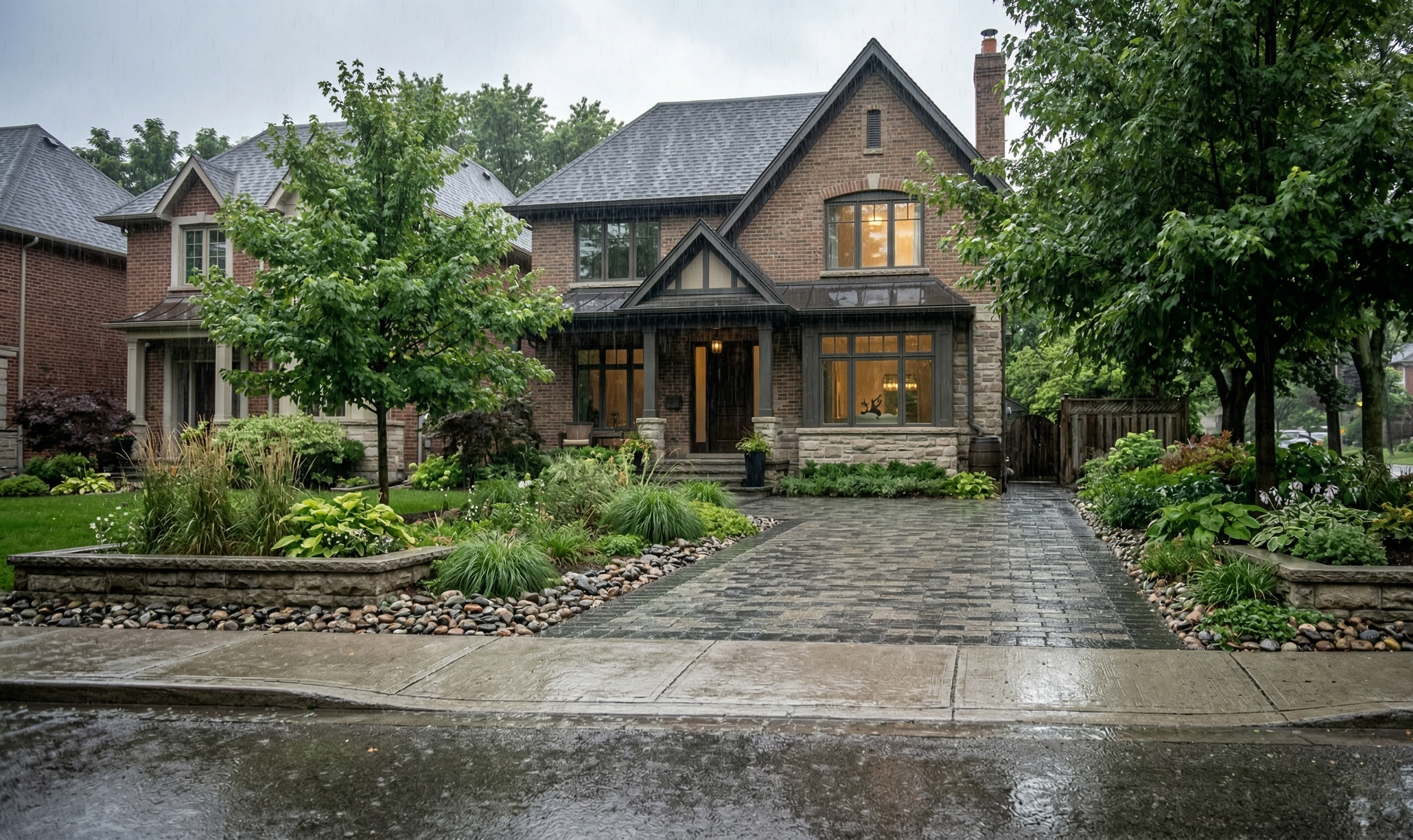 Clear-stone sub-base stormwater reservoir beneath a permeable driveway